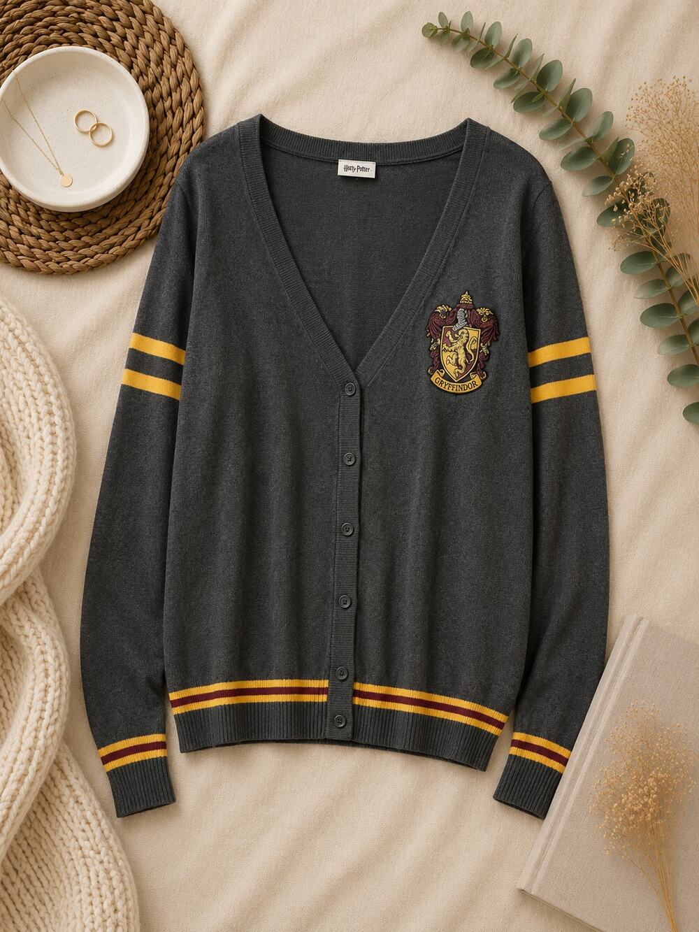 Harry Potter Gryffindor Cardigan Sweater Gray Red Gold Striped Dark Academia 2XL